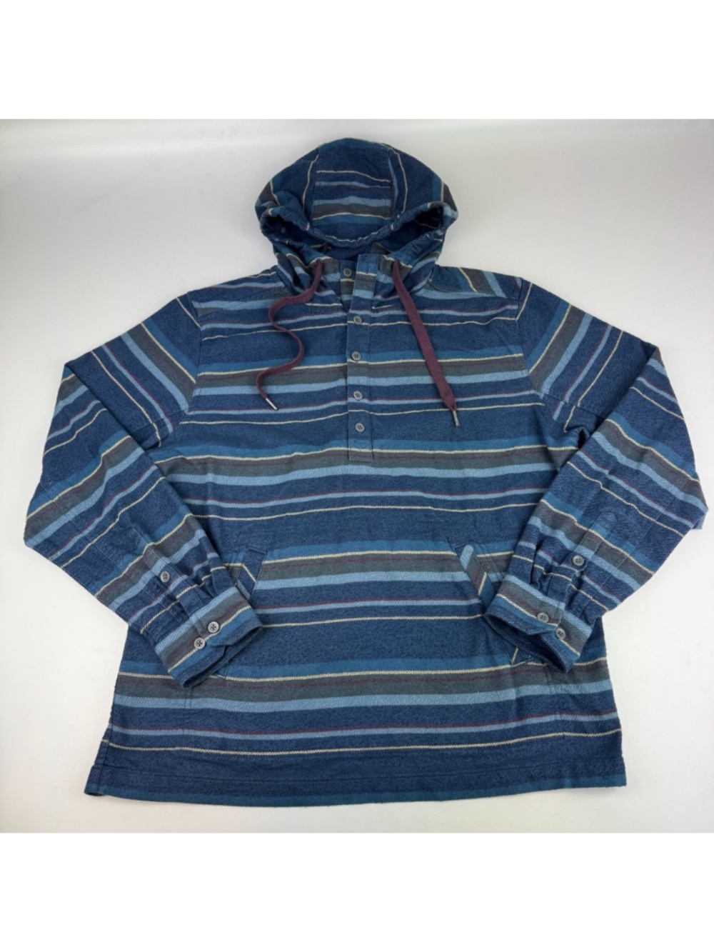 Marmot Mens Size L Rolin Flannel Hoodie Blue Stripe Kangaroo Pocket